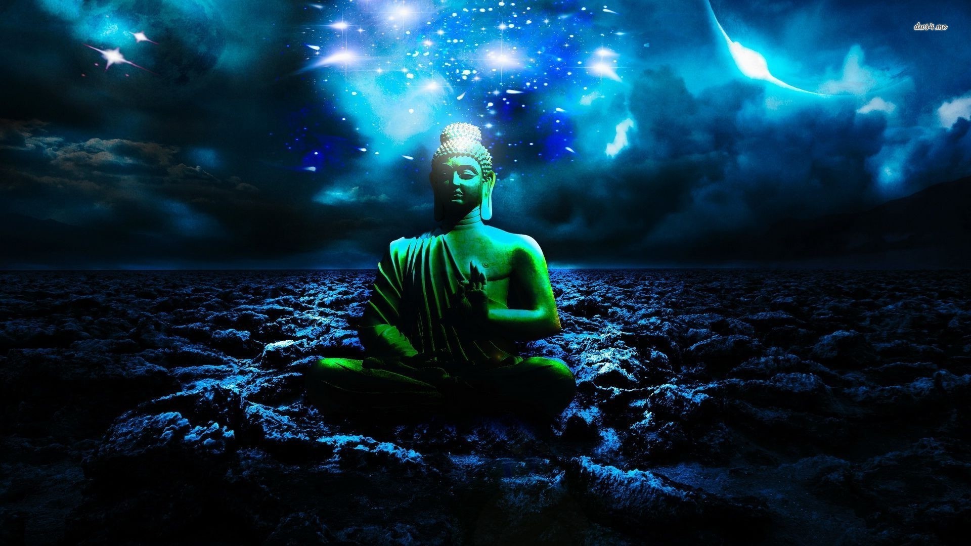 A serene green Buddha statue meditates amidst a dark, mystical landscape under a swirling night sky filled with stars and a crescent moon