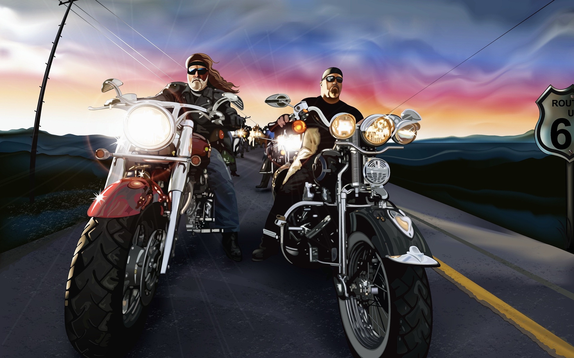 Motorbikes Bikes Lights Biker Roads Hog Harley Sky Clouds Art