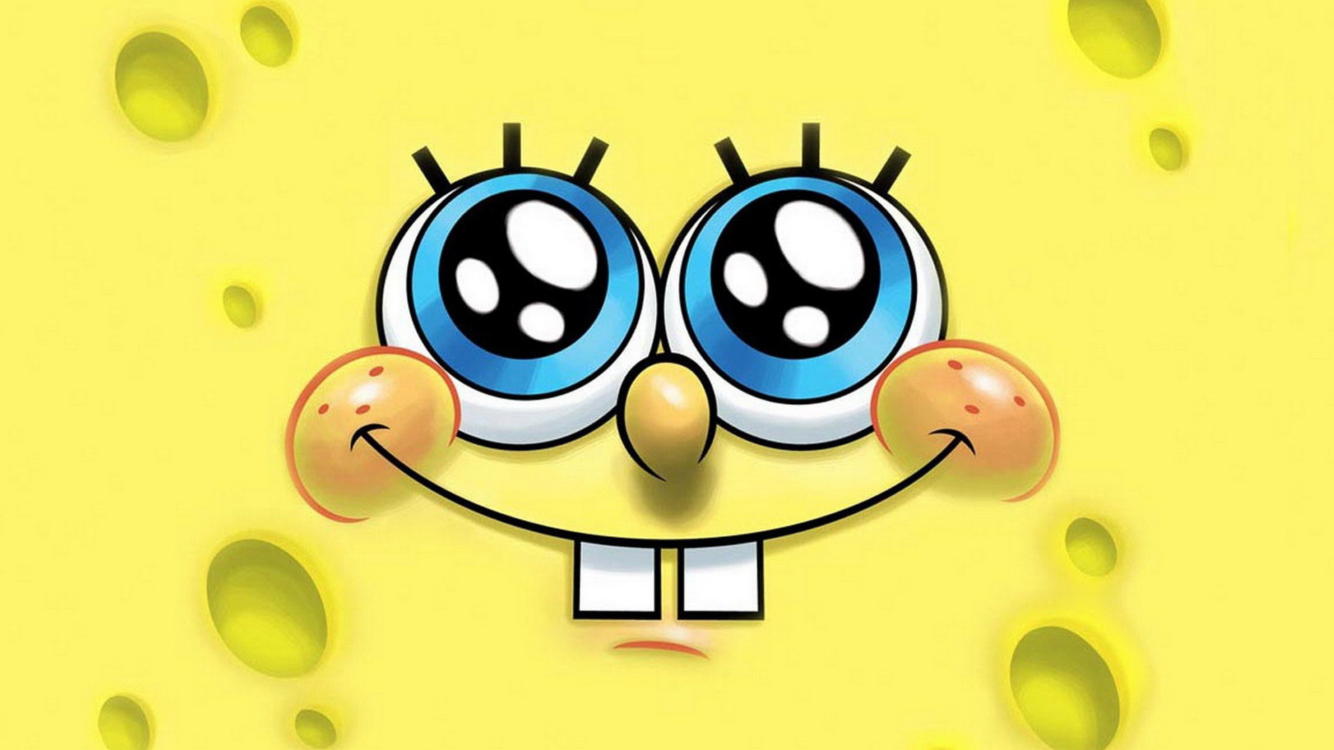 Close-up of Spongebob Squarepants's face with a cheerful expression, set against a yellow, cheese-like background