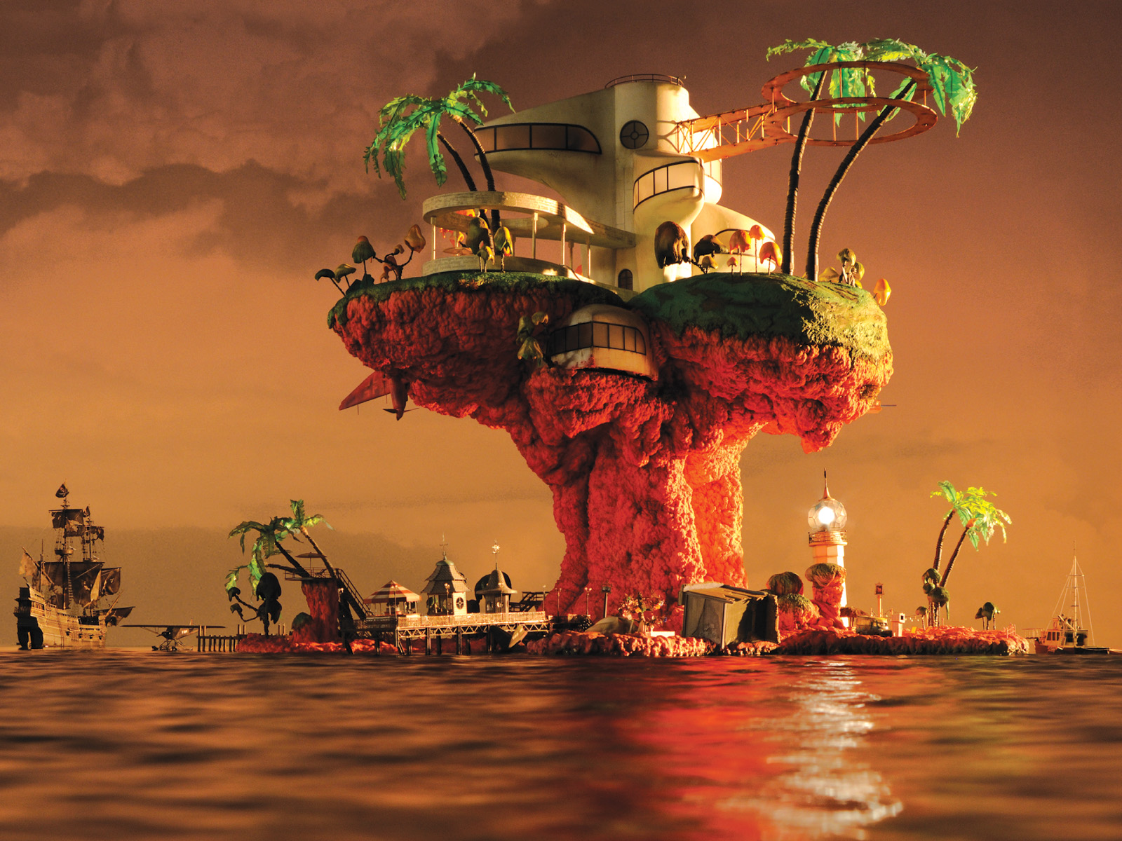 Whimsical island scene with a quirky house and vibrant colors, reminiscent of album art