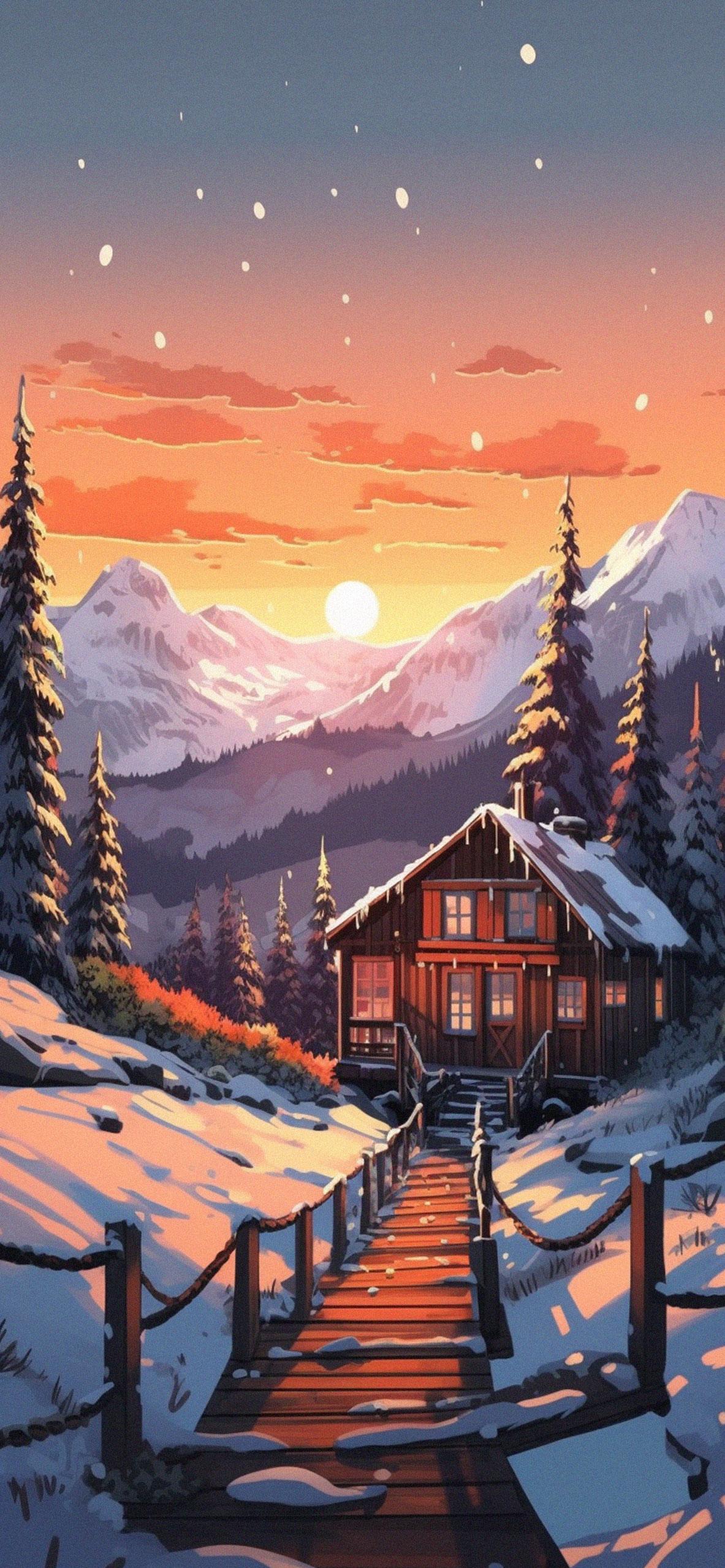 Winter Mountains Cabin Cozy Wallpaper HD