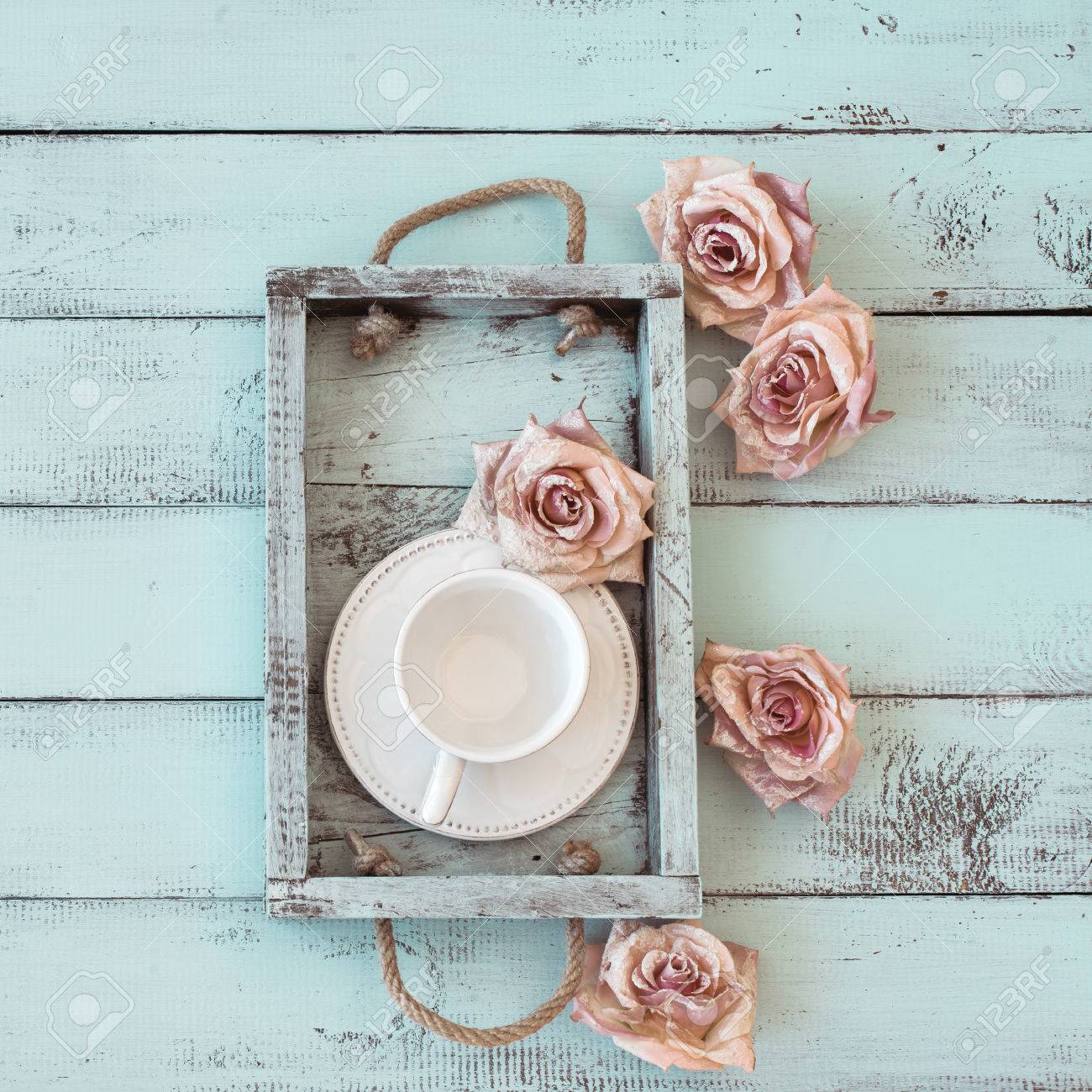 🔥 Free download Vintage Wooden Tray With Porcelain Teacup And Rose Buds