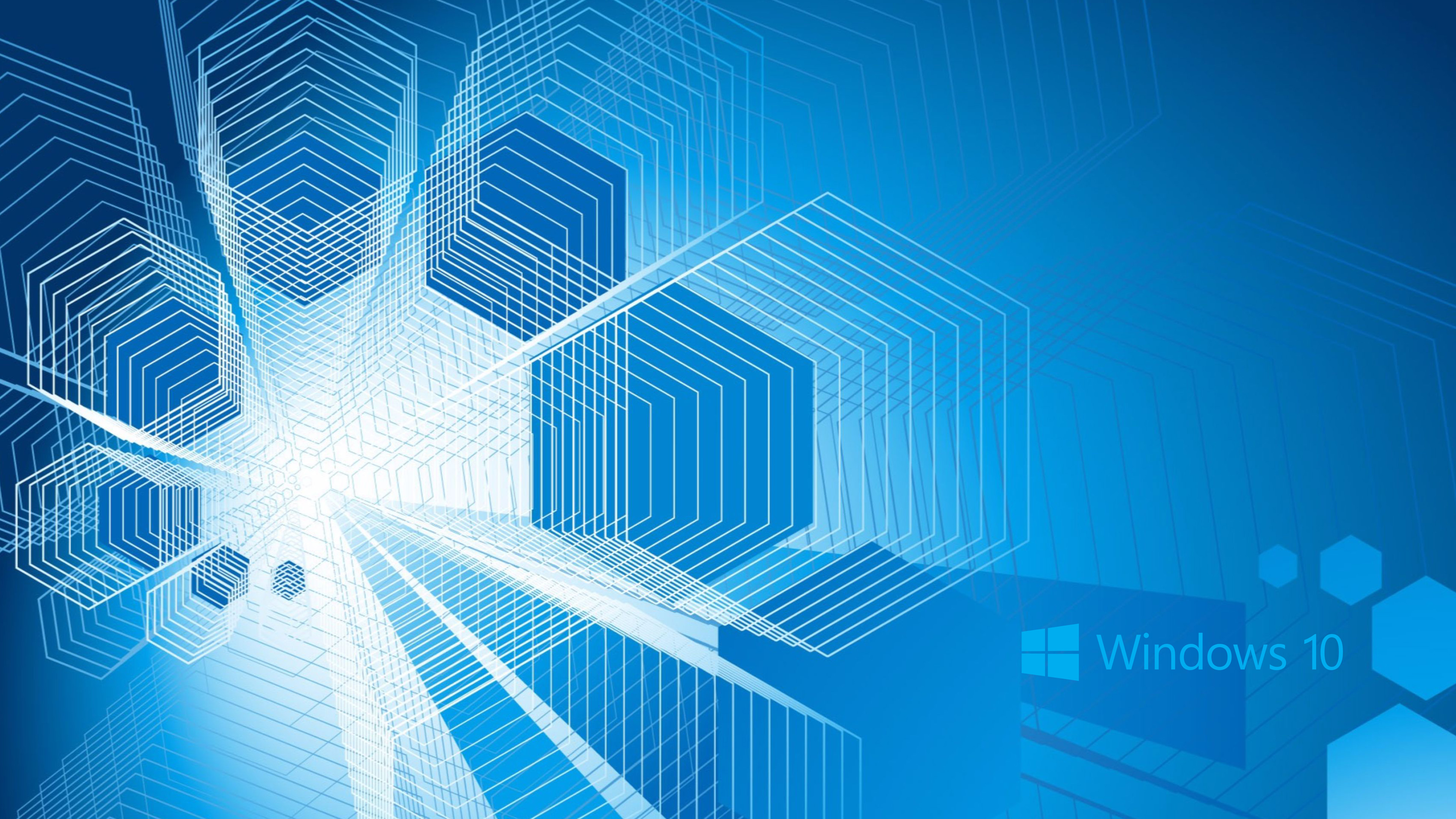 Abstract blue background with geometric shapes and the Windows 10 logo, suitable for a desktop wallpaper