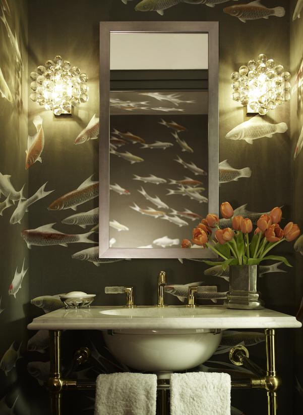 Powder Room With Fish Wallpaper Hgtv