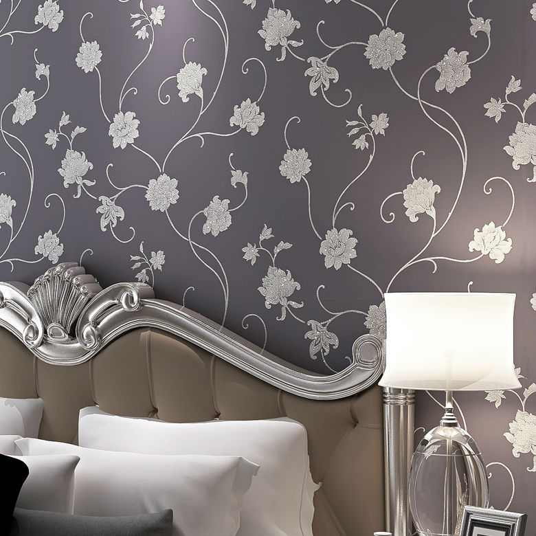 Luxury Victorian Vintage Dark Grey Scroll Flowers Fabric Wallpaper