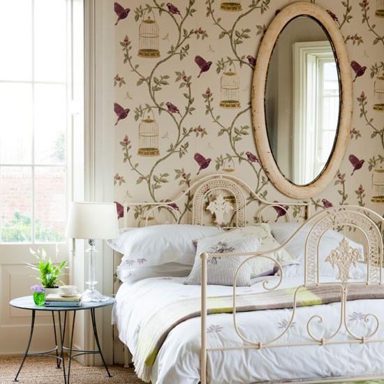 Stunning Gilded Bird Cage Wallpaper In A Bedroom For Pretty Vintage