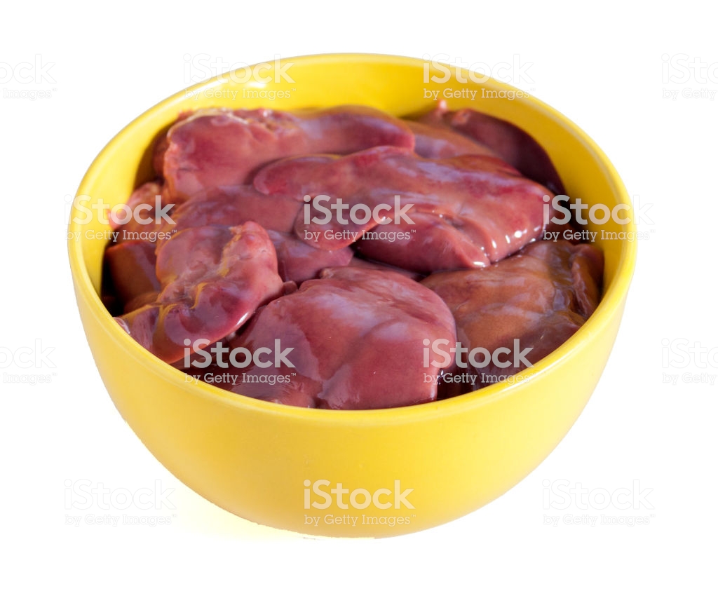 Raw Chicken Liver In A Yellow Bowl On White Background Isolated