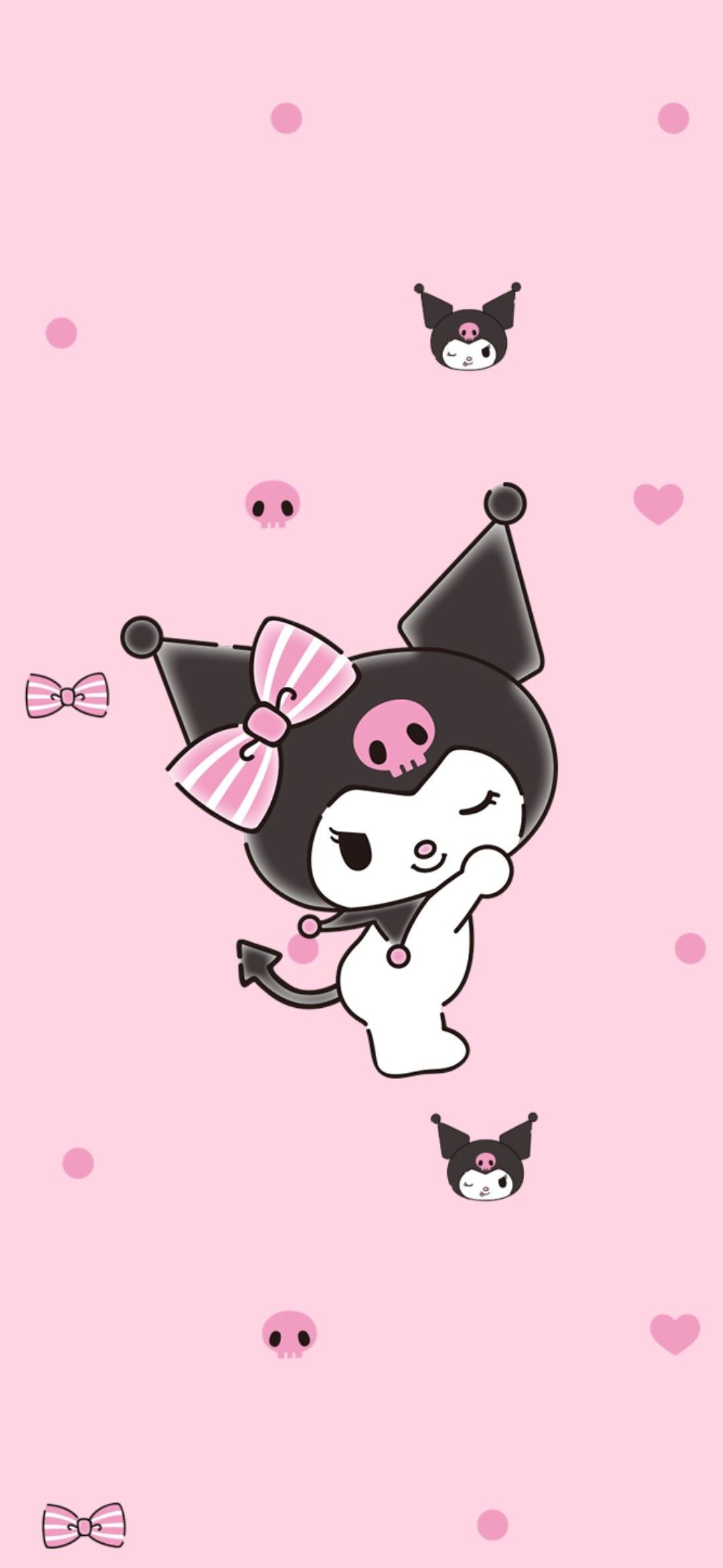 Kuromi strikes a cute pose on a pink background in this 4k PC wallpaper.  Adorned with a pink bow and skull details, she winks playfully