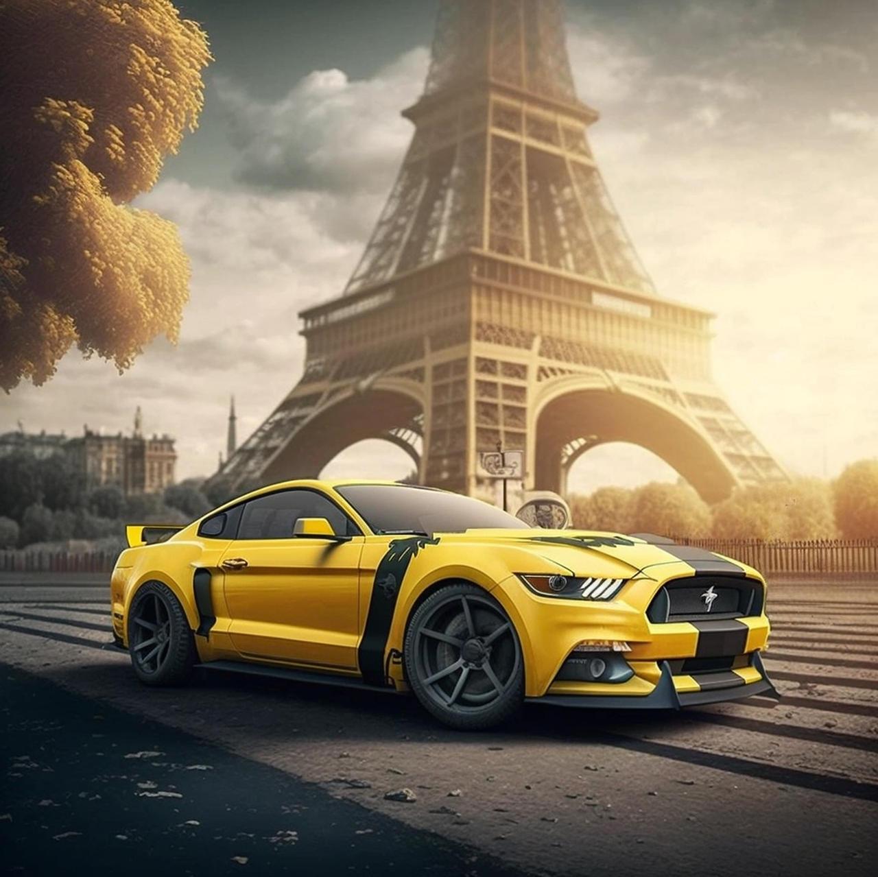 Yellow Mustang By The Eiffel Tower Gadgetman138
