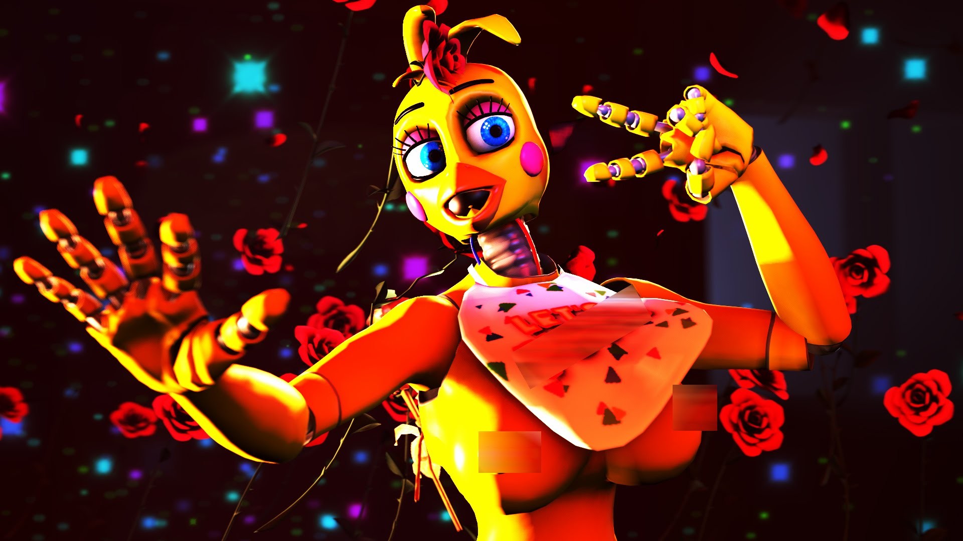 A vibrant, stylized render of Toy Chica from Five Nights at Freddy's, set against a backdrop of floating roses and glowing lights