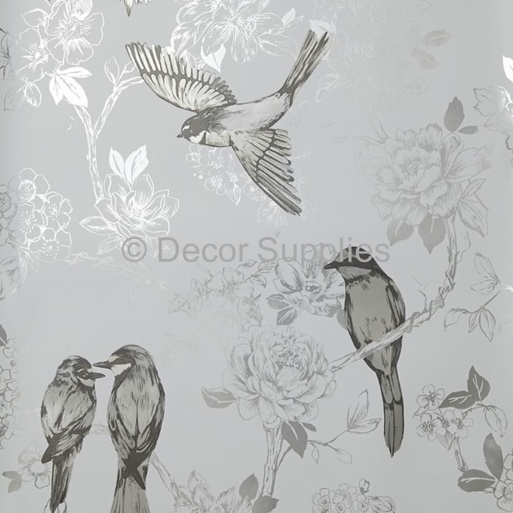Nightingale Floral Birds Foil Maison Prestigious Wallpaper