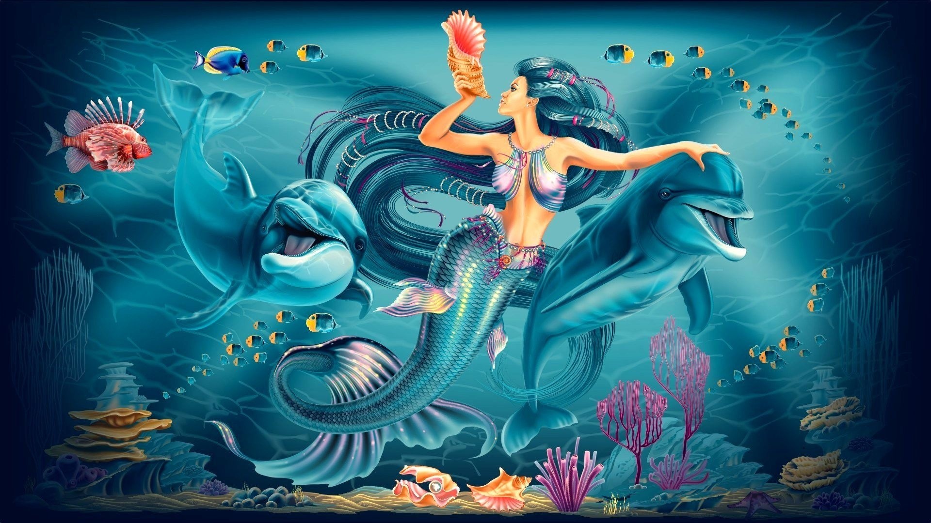 Mermaid And Dolphins Wallpaper Image Pictures