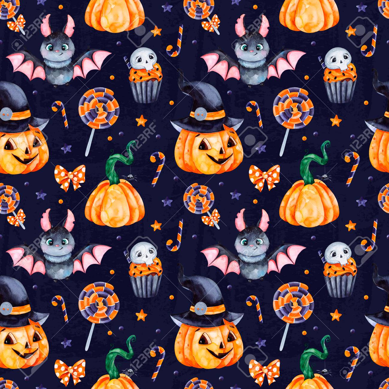 Cute Watercolor Halloween Seamless Pattern Dark Background With