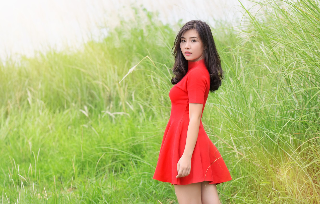 Wallpaper Summer Look Girl Red Dress Legs Asian Beauty