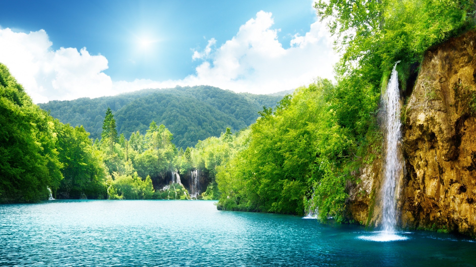 Natural Waterfall Summer Lake Trees Full HD Desktop