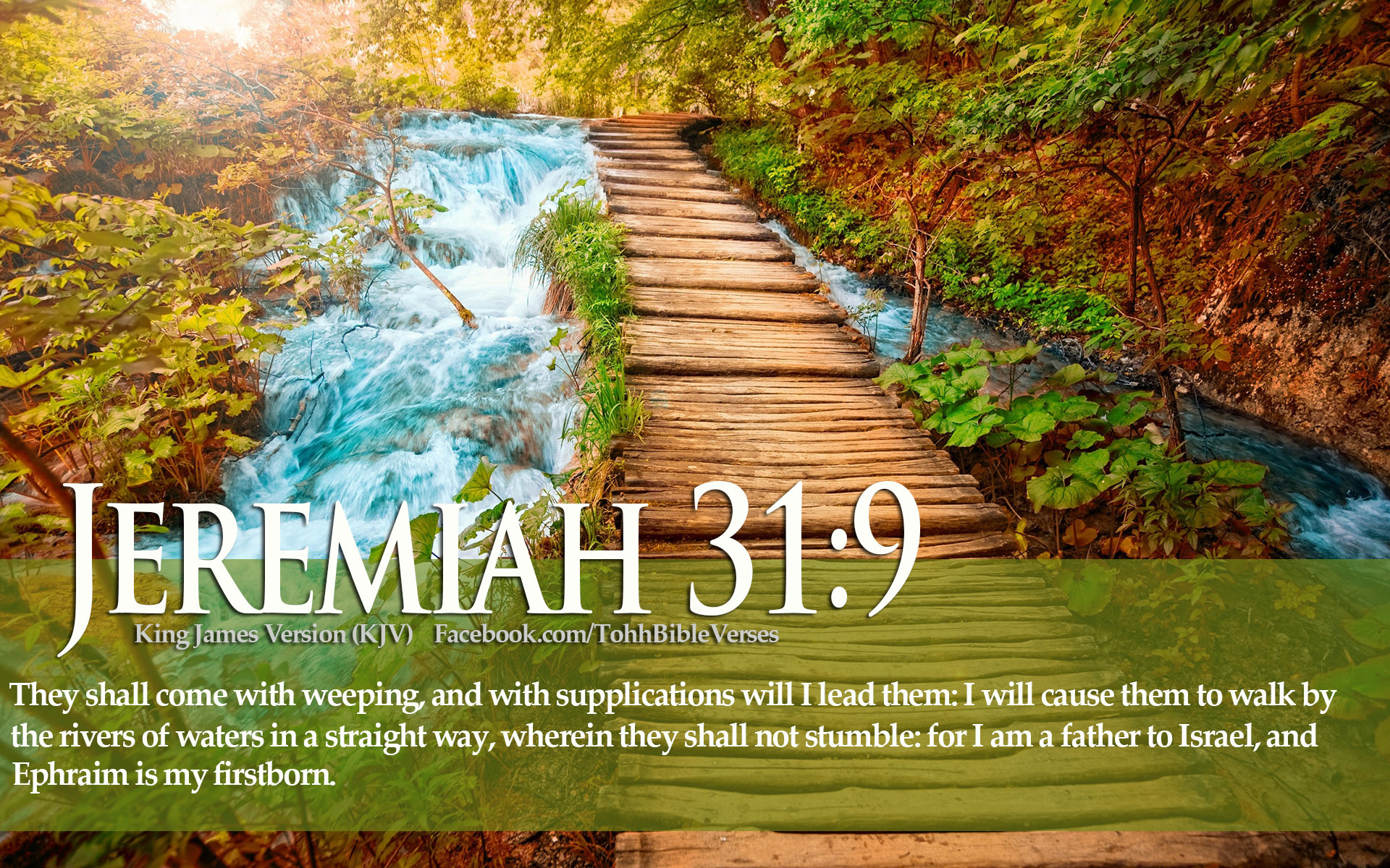 Jeremiah 31:9 Bible Verse Wallpaper with a Wooden Path and Waterfall