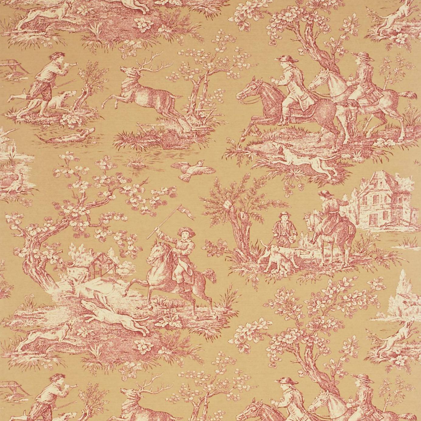Sanderson Toile Wallpaper Stag Hunting Biscuit Red Honey