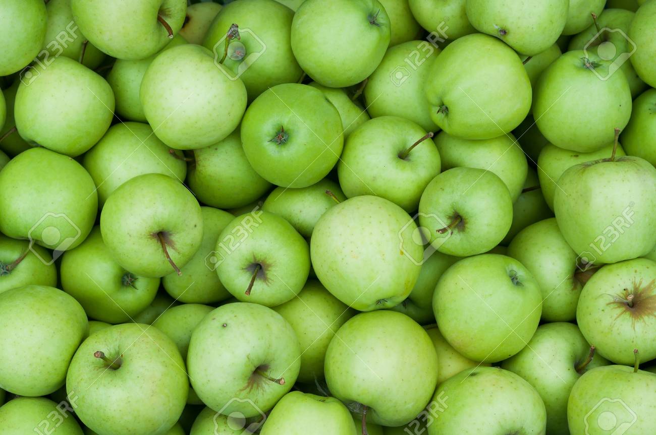 Heap Of Fresh Green Granny Smith Apples Background Image Stock