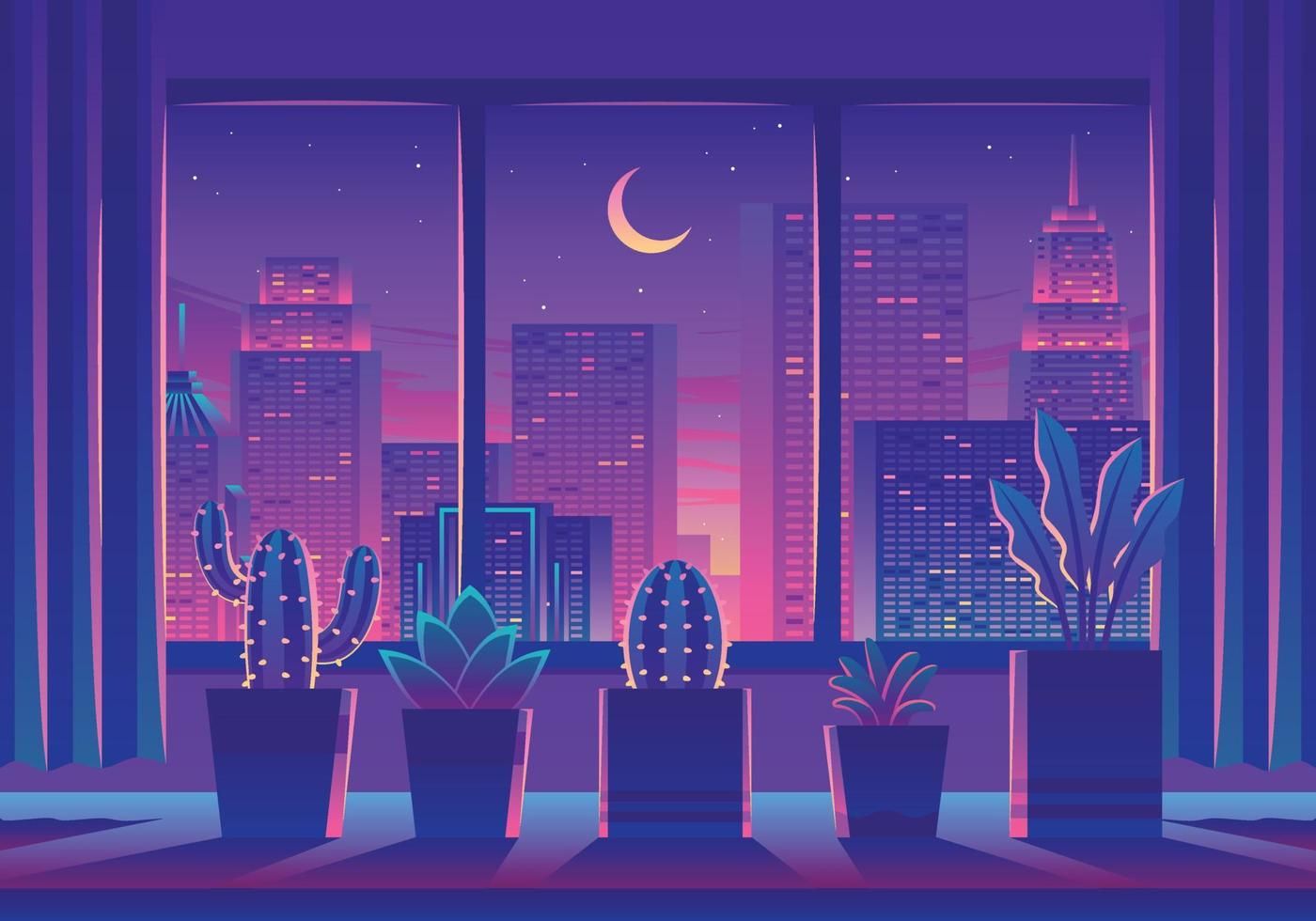 Cozy room with a view of a vibrant night cityscape, featuring potted plants on a windowsill