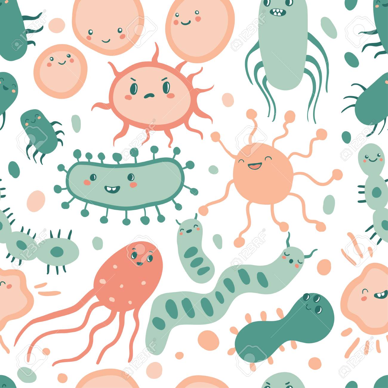 Cute Germ Characters Seamless Pattern Background With Bacteria