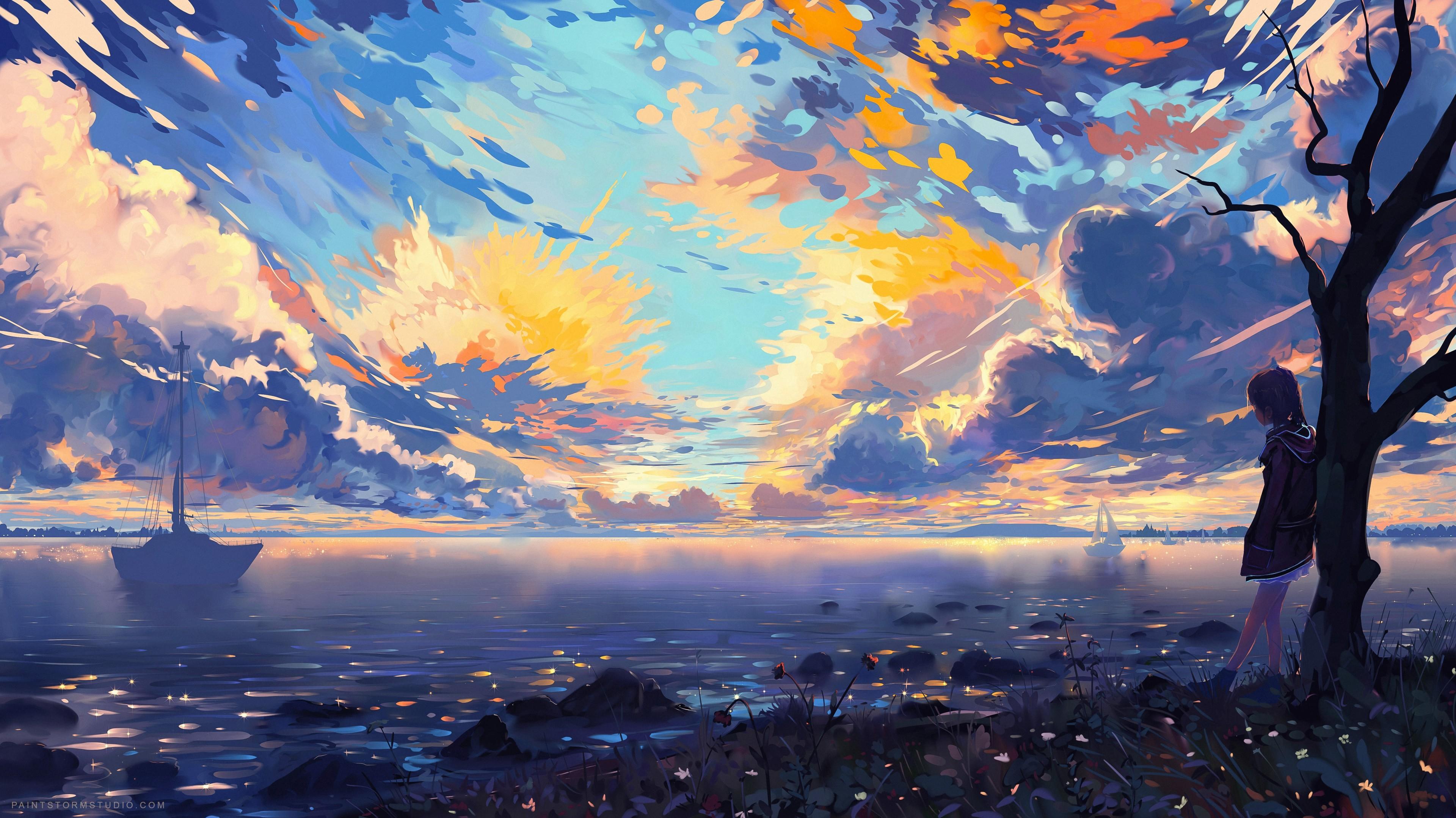 Anime Landscape for Desktop Sea Ships Colorful Clouds Scenic Tree