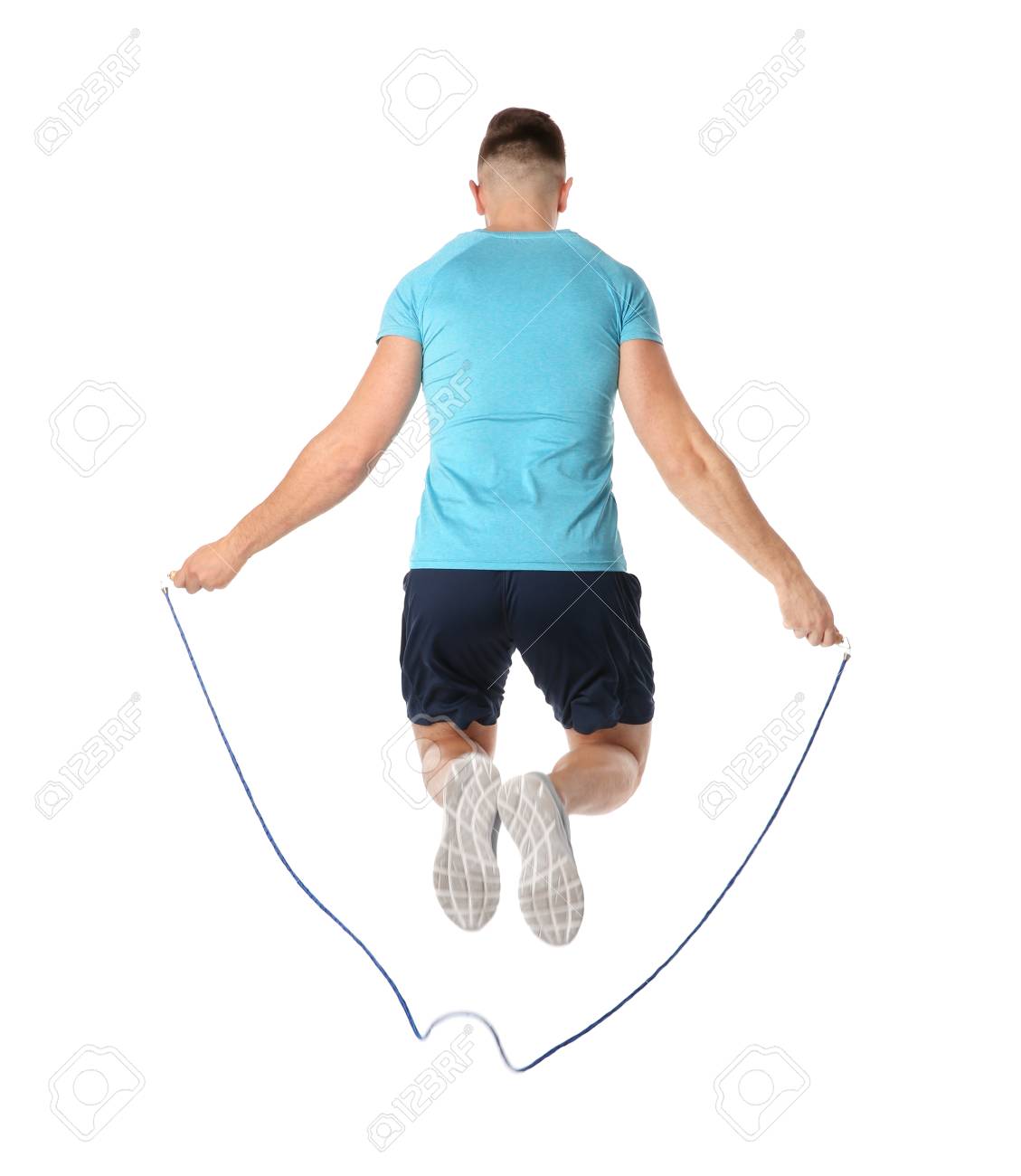 Sportive Man Training With Jump Rope On White Background Stock