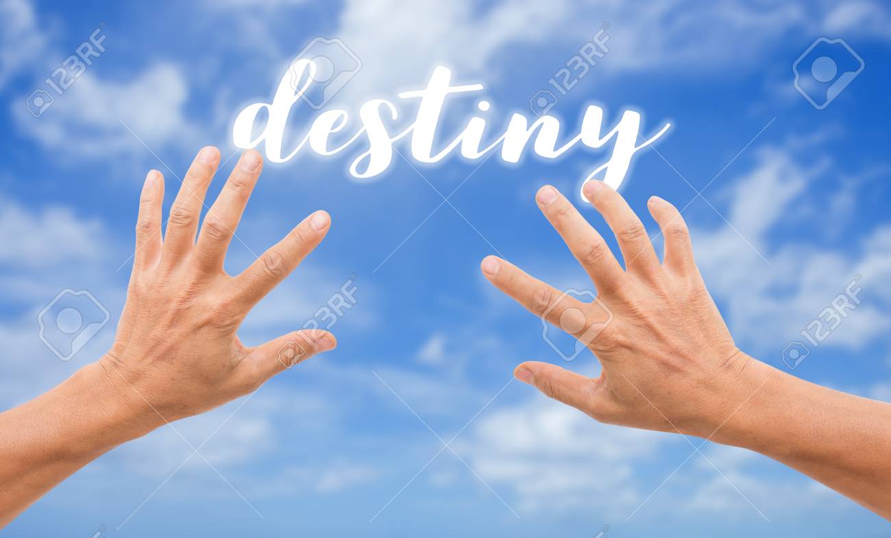 Destiny With Hands Grabbing On Blue Sky Background Stock Photo