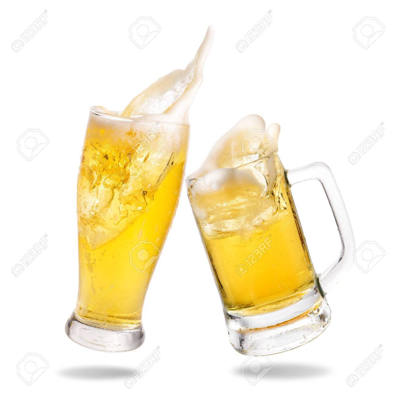 Cheers Cold Beer With Splashing Out Of Glasses On White Background