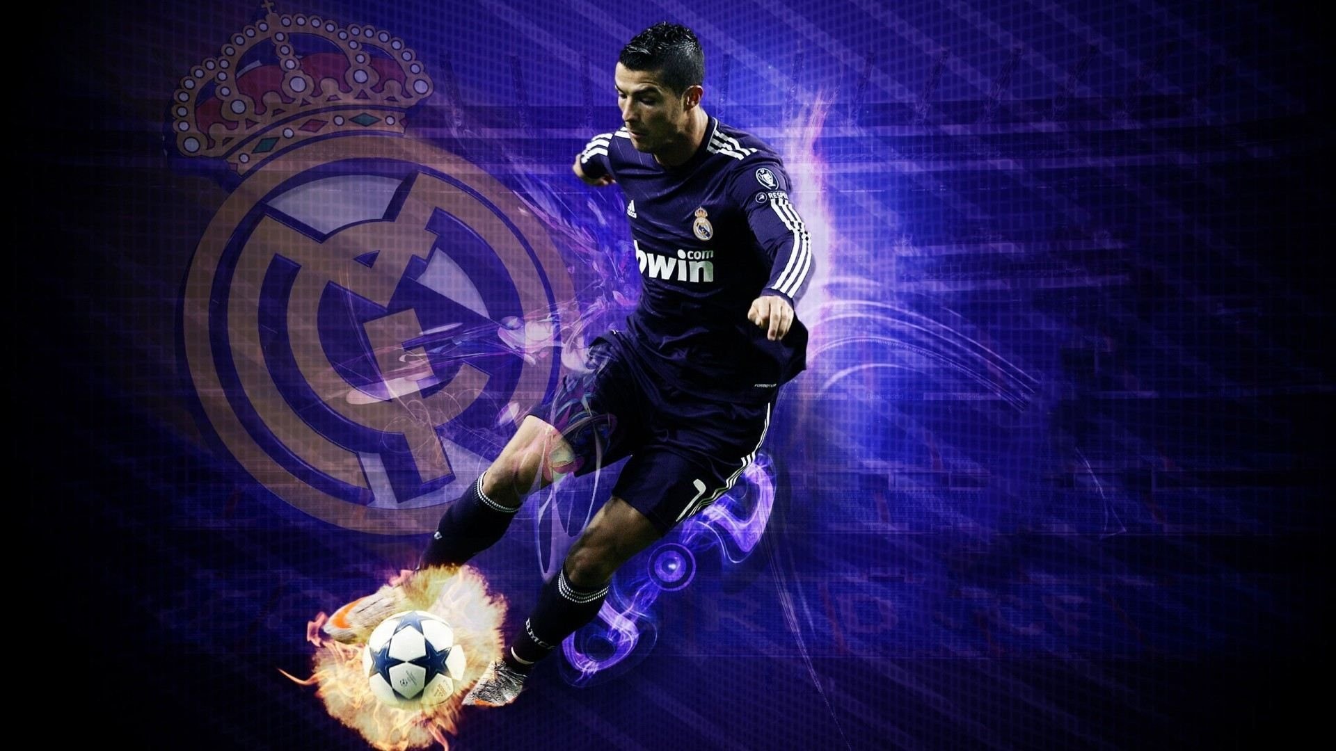 Cristiano Ronaldo kicking a soccer ball in a Real Madrid jersey