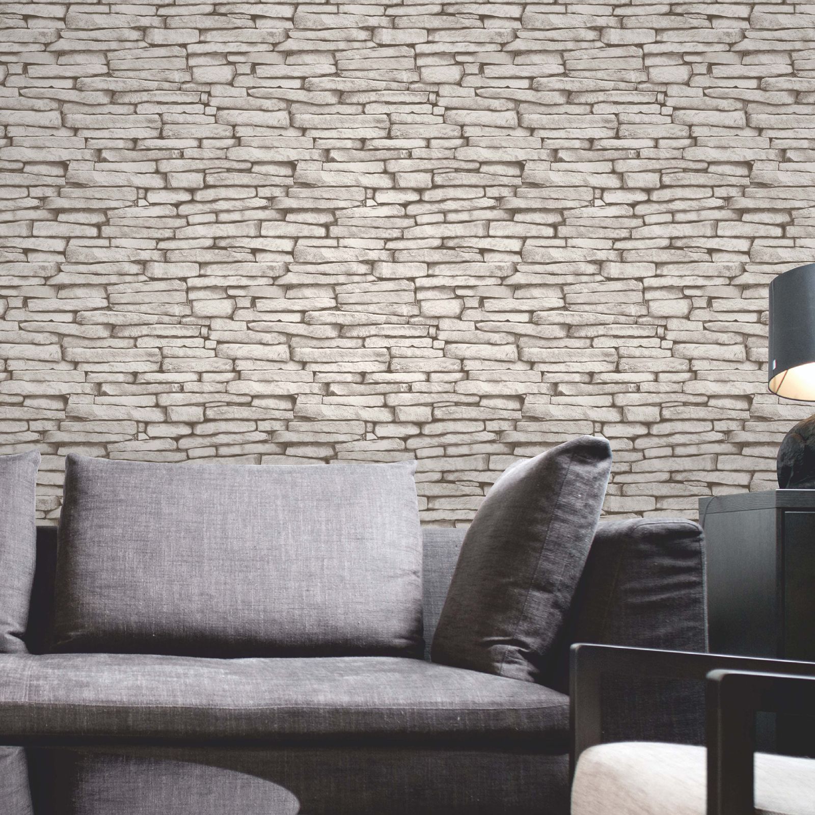 Slate Stone Wall Effect Wallpaper Modern Feature Grey Black