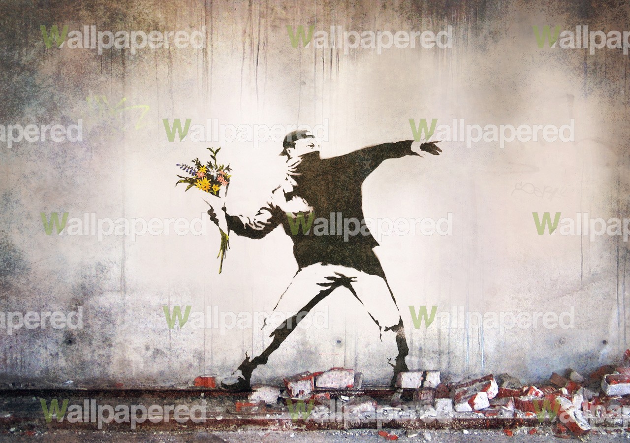 Banksy Thug Throwing Flowers Wall Mural Wallpaper