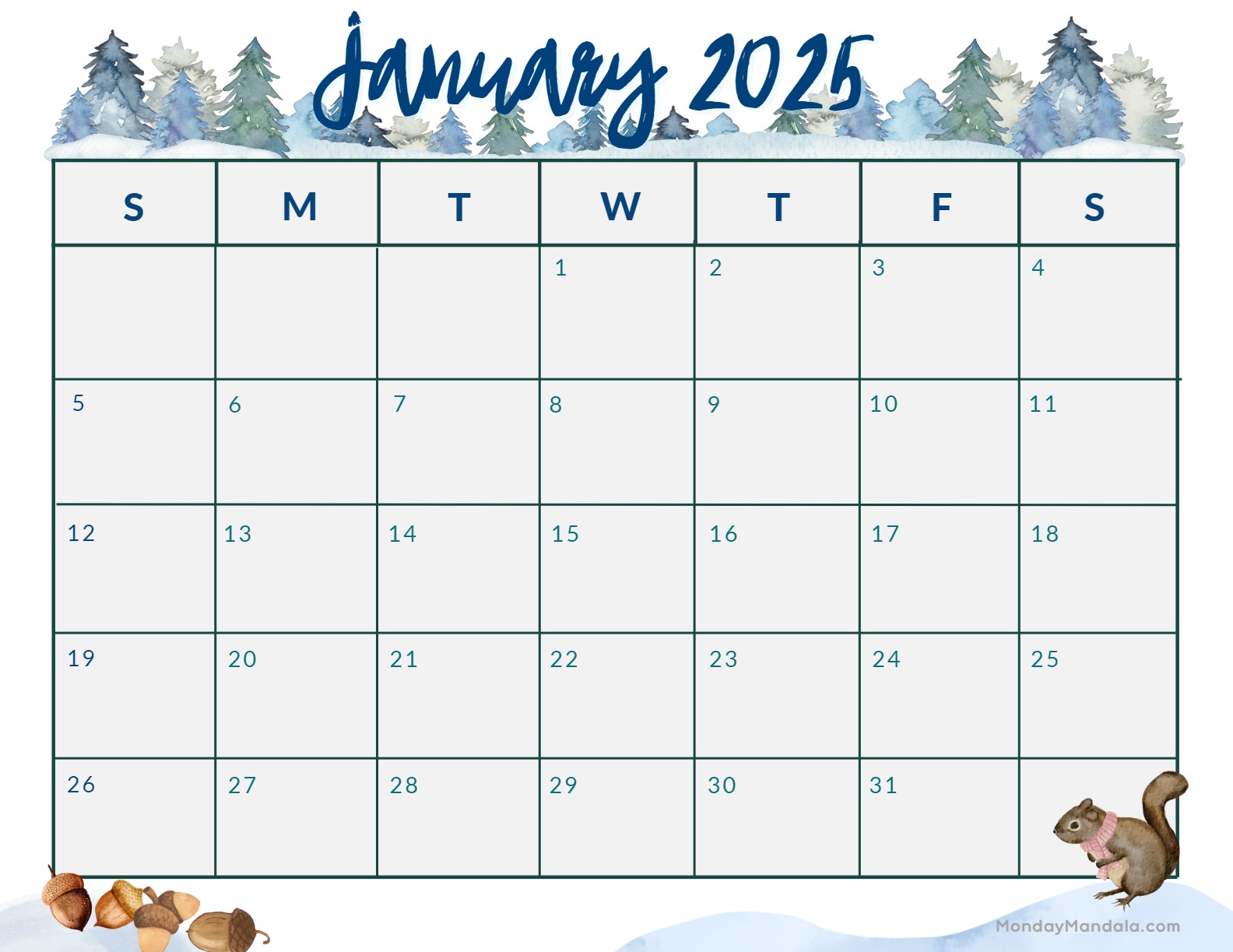 January 2025 calendar with a winter forest theme
