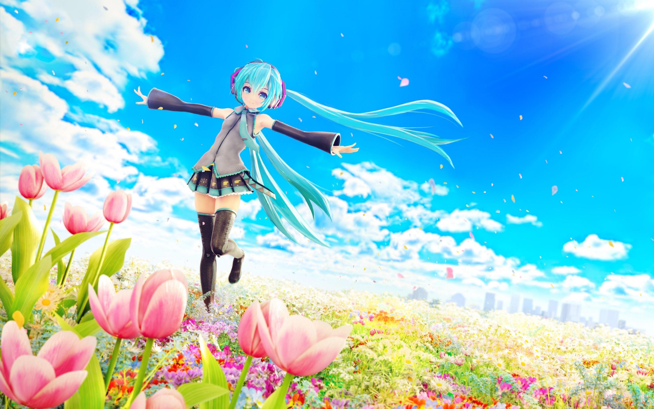 Anime girl with long turquoise hair, running in a field of flowers under a sunny blue sky. Perfect as a 4k anime wallpaper