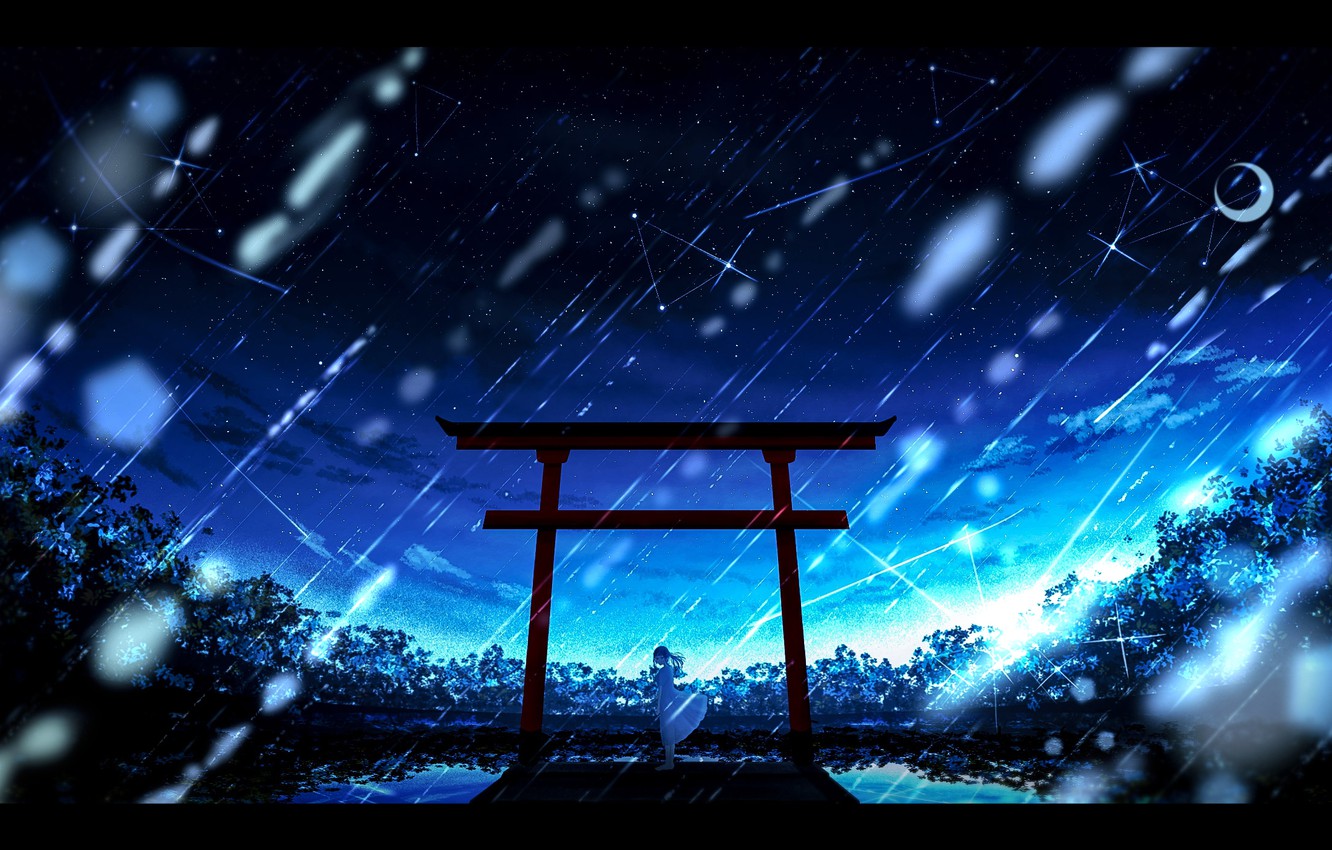 Wallpaper Water Girl Night Torii Starfall Image For Desktop