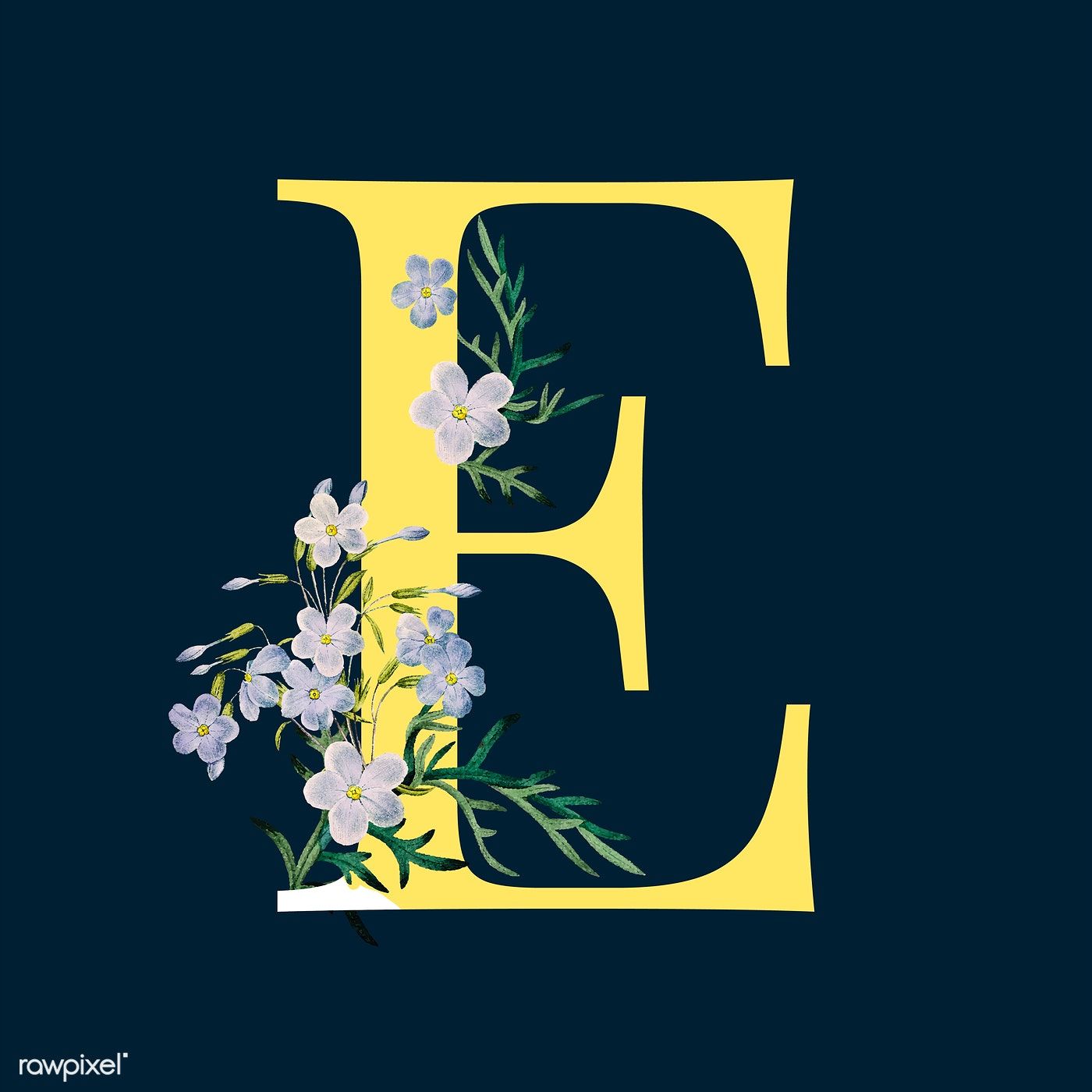 Yellow Letter E Decorated With Hand Drawn Blue Phlox Vector