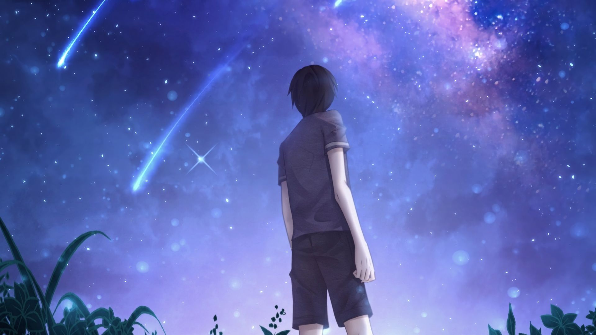 Wallpaper Silhouette Starry Sky Meteors