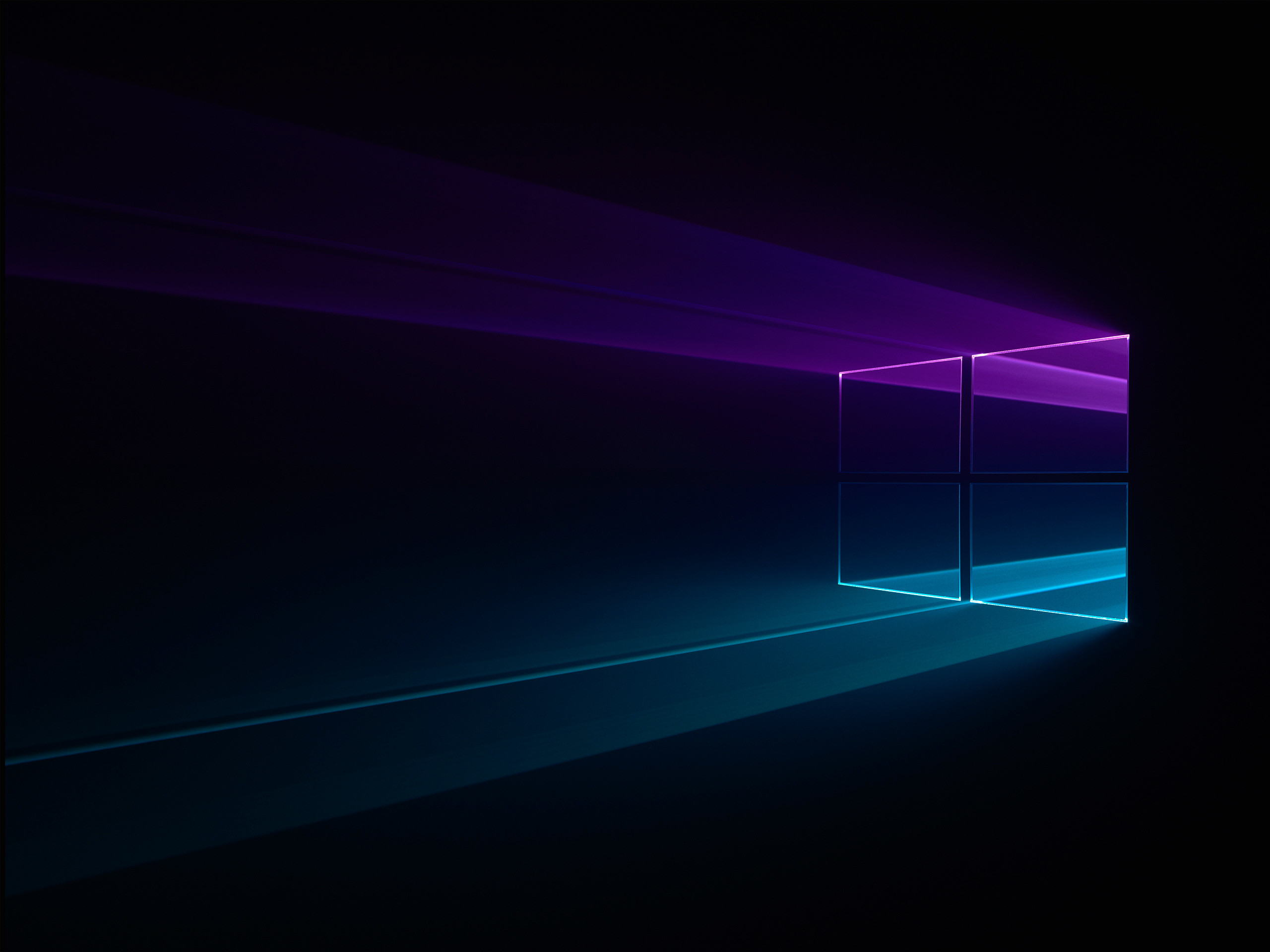 A dark background with a glowing neon Windows logo, reflecting light streaks in shades of blue and purple
