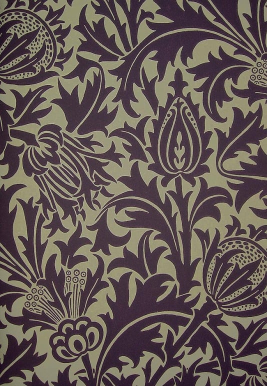 Thistle Wallpaper Mulberry on greige wallpaper depicting thistle
