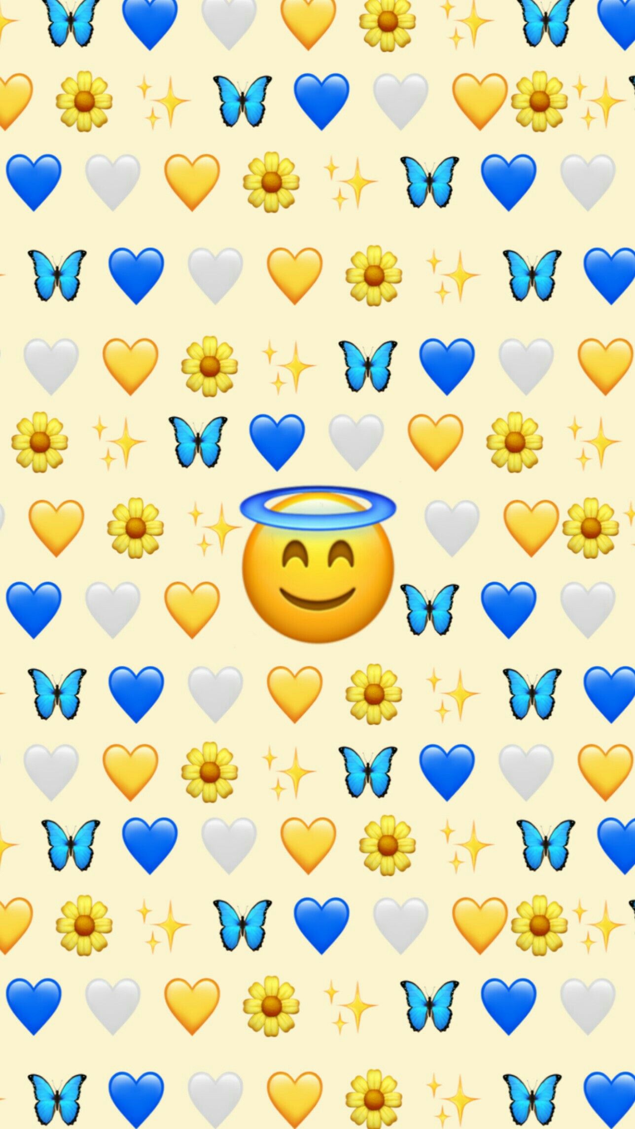 A cheerful emoji wallpaper featuring a smiling face with a halo, surrounded by blue and gold hearts, sunflowers, butterflies, and sparkles on a light yellow background
