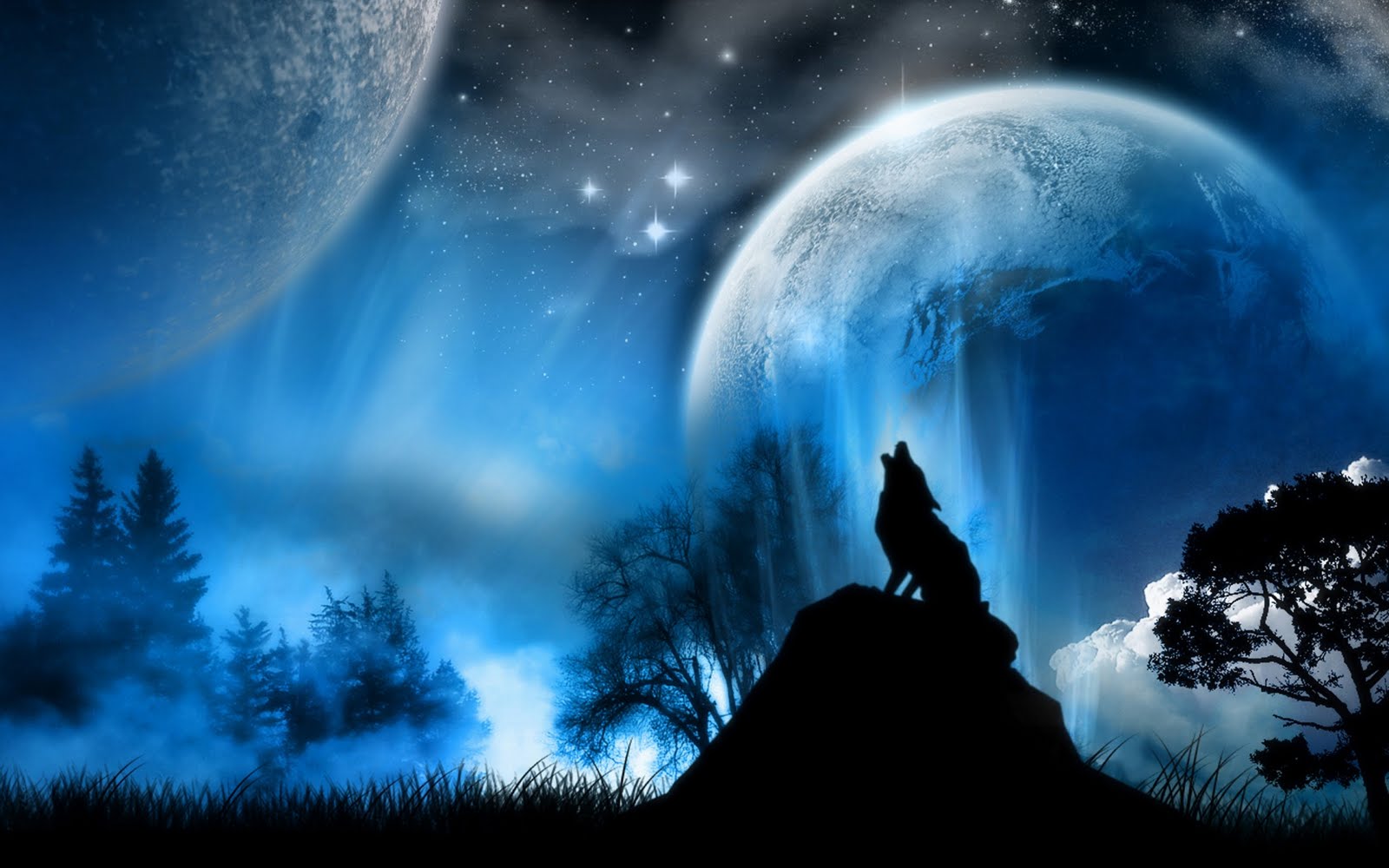 A lone wolf howls at a large, bright moon in a mystical, blue-toned landscape, creating a captivating and atmospheric scene