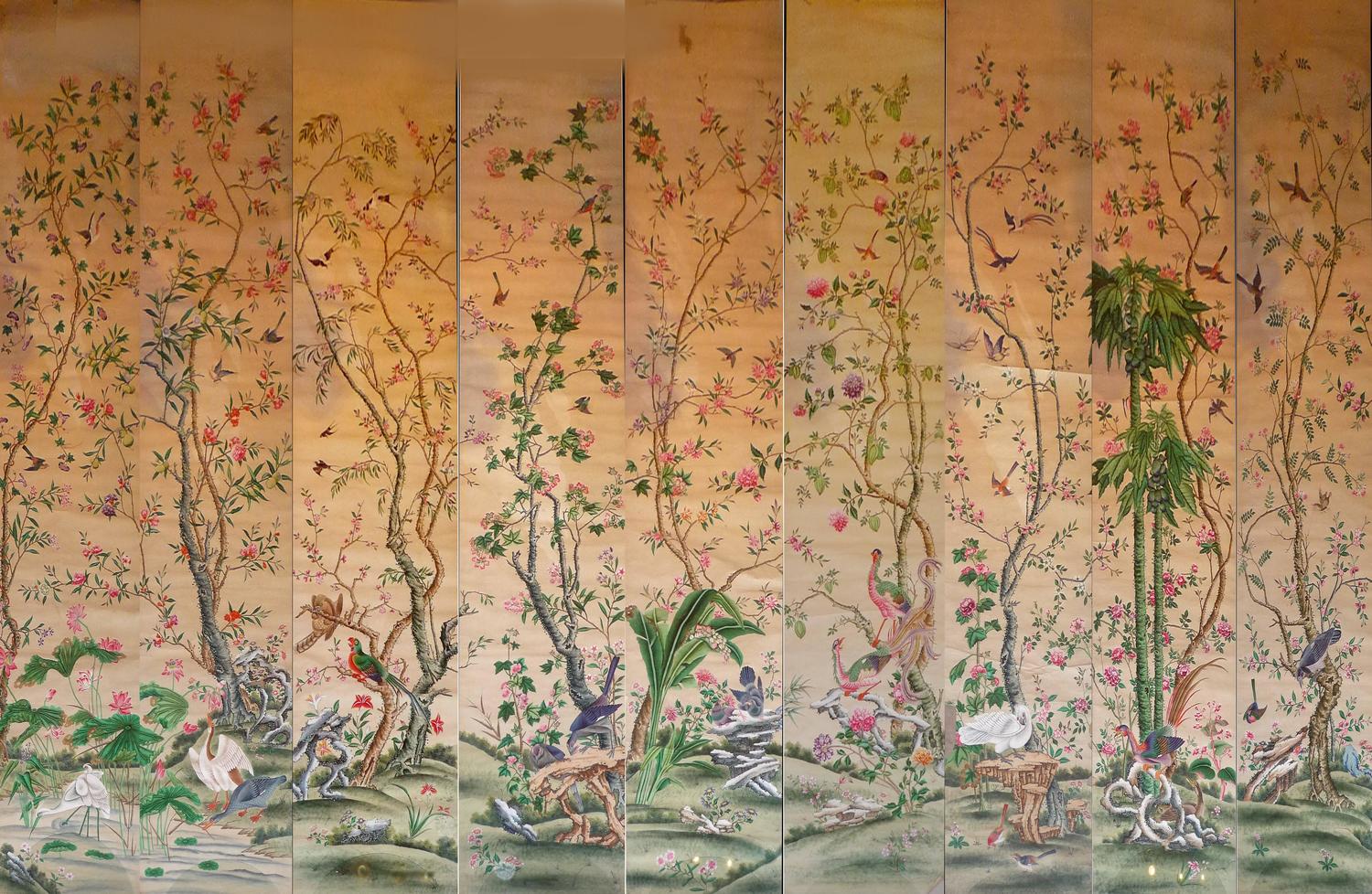 18th Century Rare Set Of Nine Chinese Export Wallpaper On Paper
