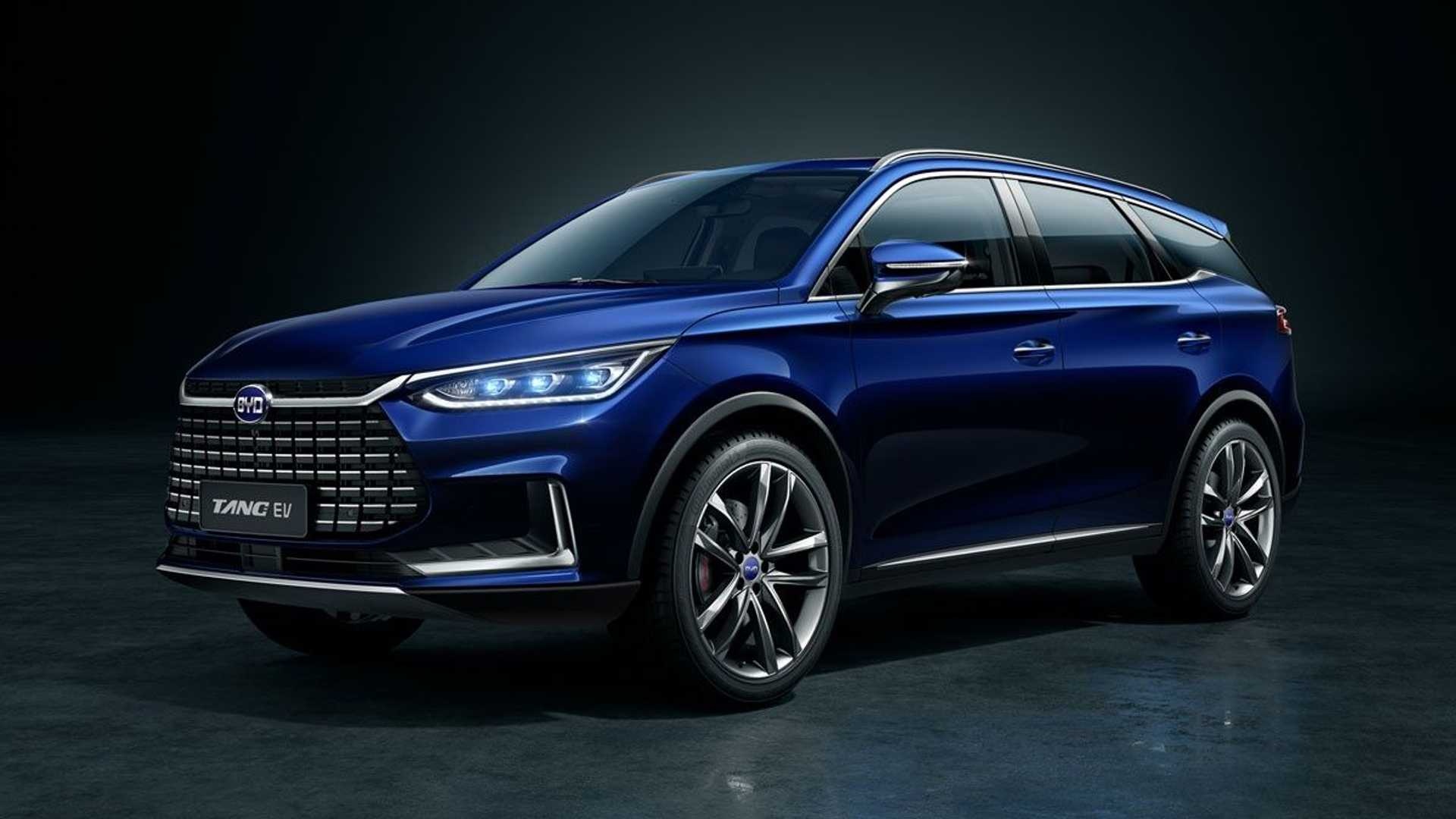 A sleek, dark blue BYD Tang EV SUV, showcasing its modern design and electric capabilities