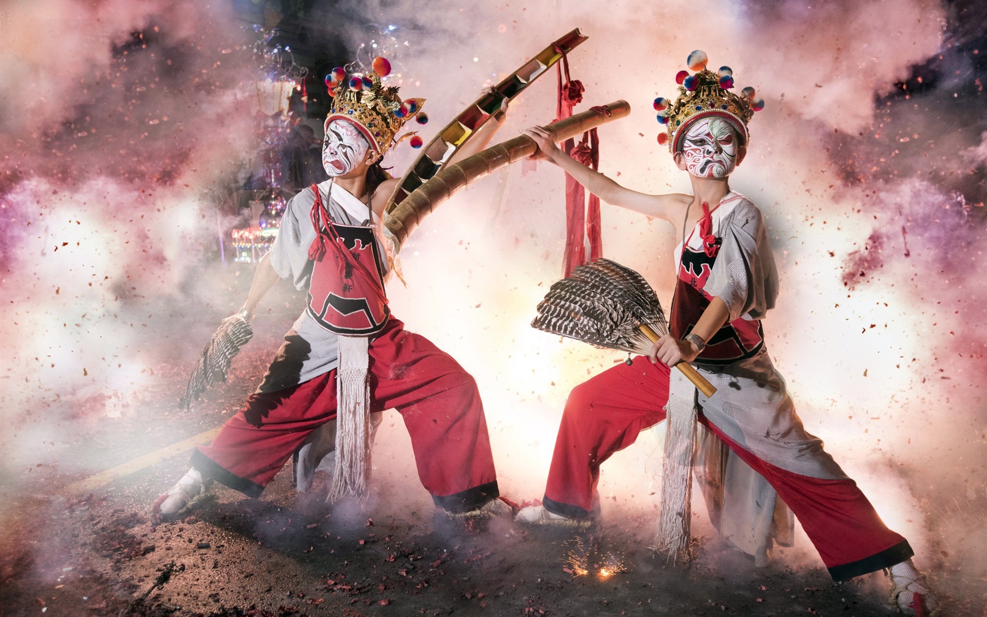 Wallpaper Chinese culture dance mask firecracker 1920x1200 HD