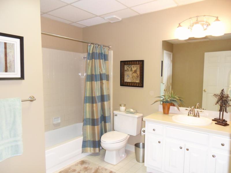 Basement Bathroom With Blue Shower Curtain And Ugly Paisley Wallpaper