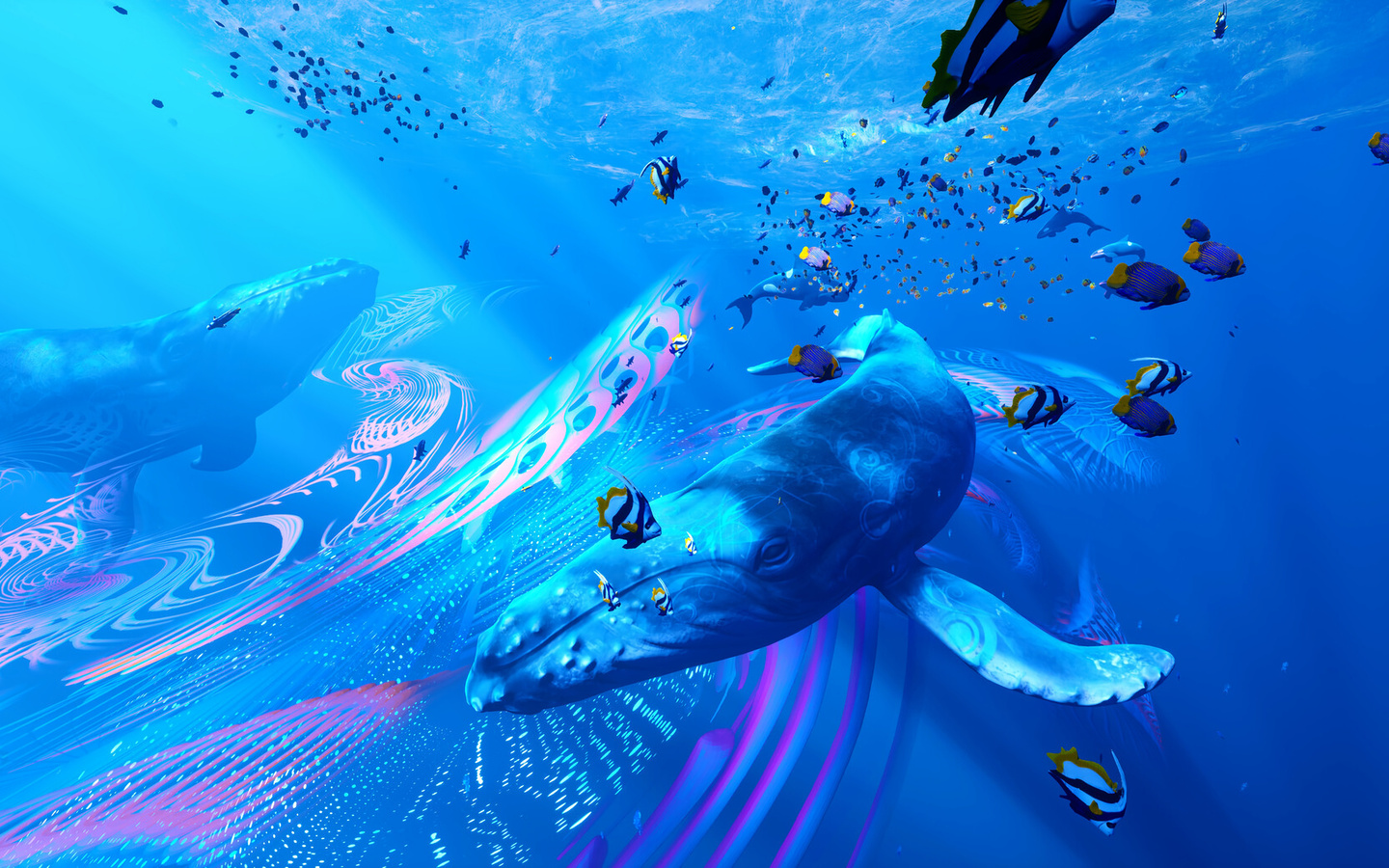 Two majestic whales glide through a vibrant underwater scene, surrounded by colorful fish and swirling patterns of light. A breathtaking 4K wallpaper capturing the beauty of the ocean depths