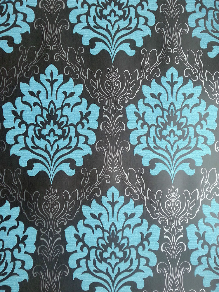 Wow Teal Blue Black Silver Damask Feature Wallpaper