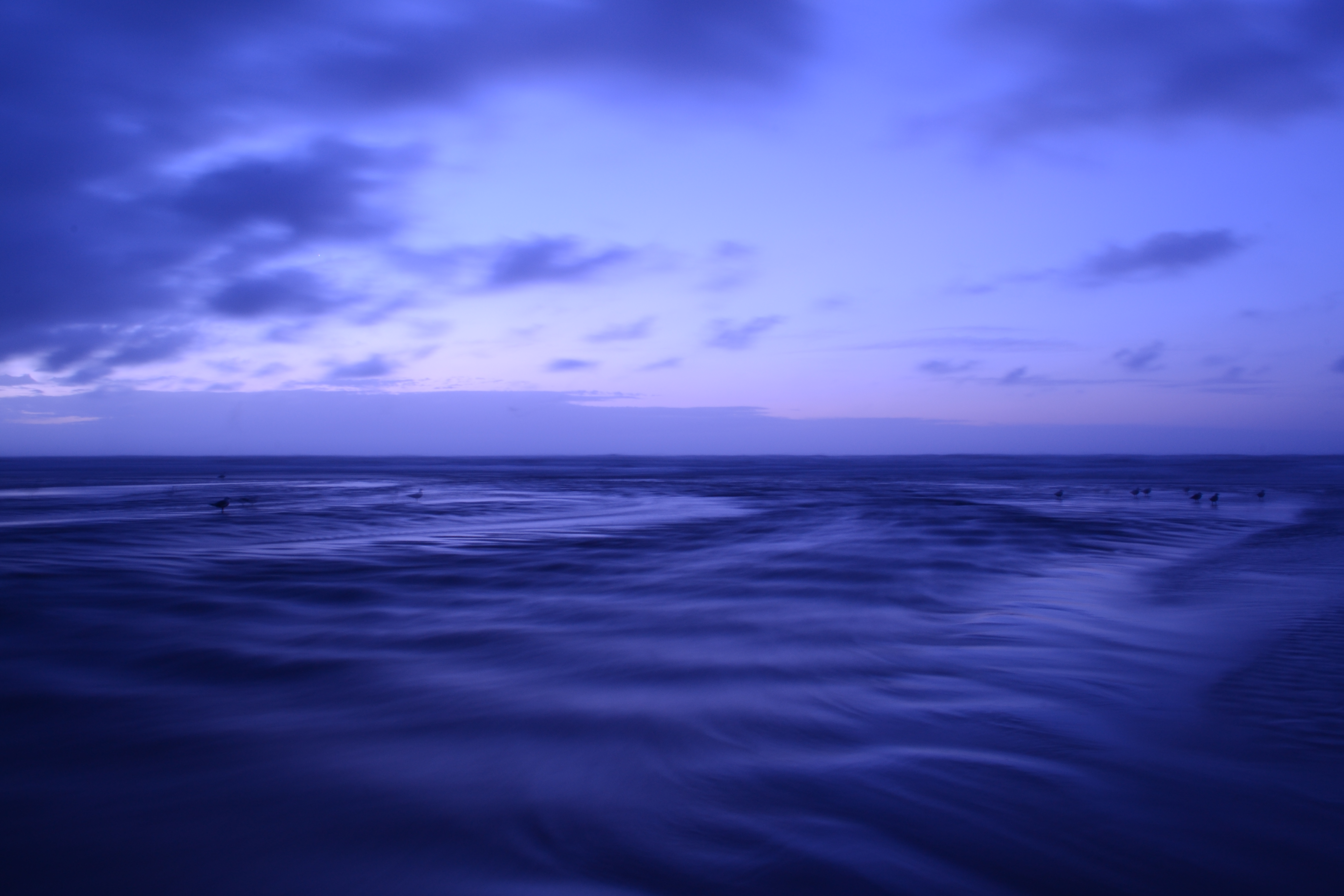 Dark blue ocean waves at dusk with a few surfers in the distance, perfect for a 4k water wallpaper