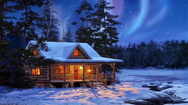 Cabin In The Snow Painting Winter