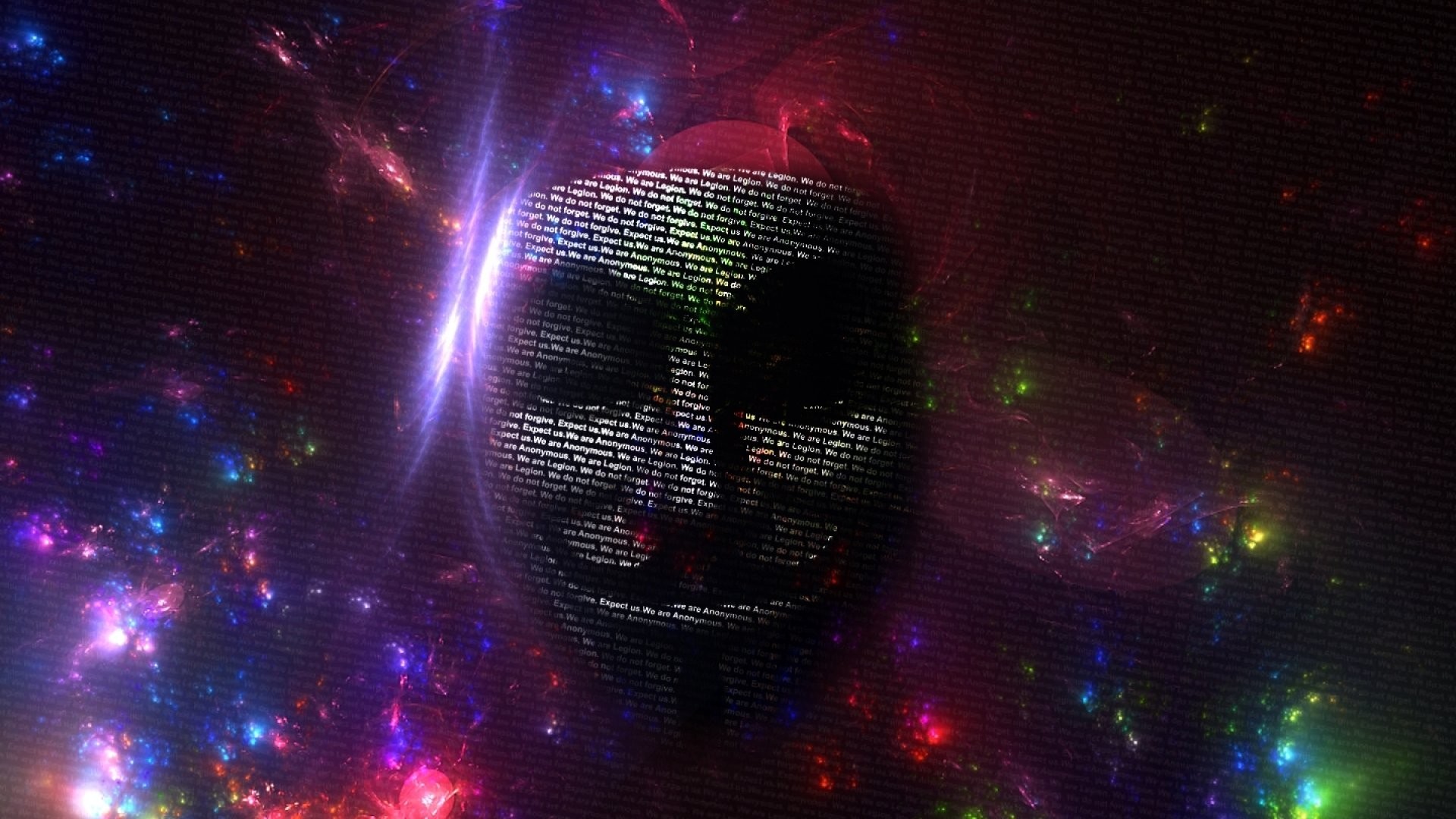 A Guy Fawkes mask, a symbol of Anonymous and hacktivism, composed of text against a backdrop of colorful nebulae, evoking the digital world and cyber activism