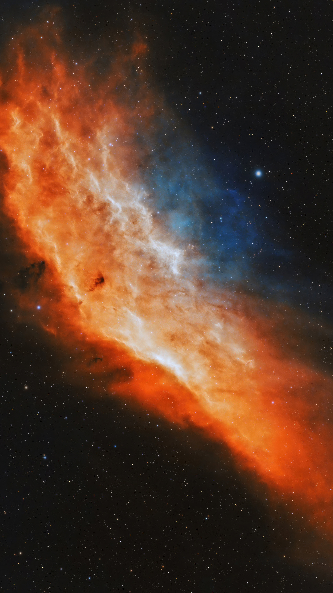 A breathtaking iPhone wallpaper showcasing a vibrant nebula in the vast universe, filled with fiery orange and cool blue hues, against a backdrop of twinkling stars